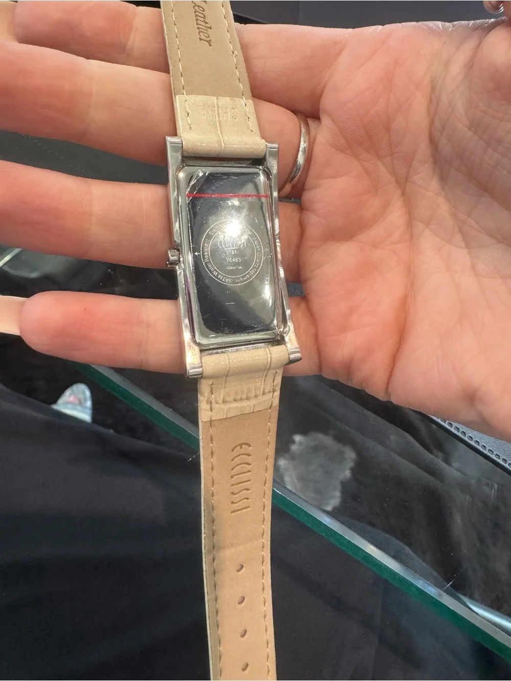 New Vintage Ecclissi rectangular steel watch w/  cream gator strap